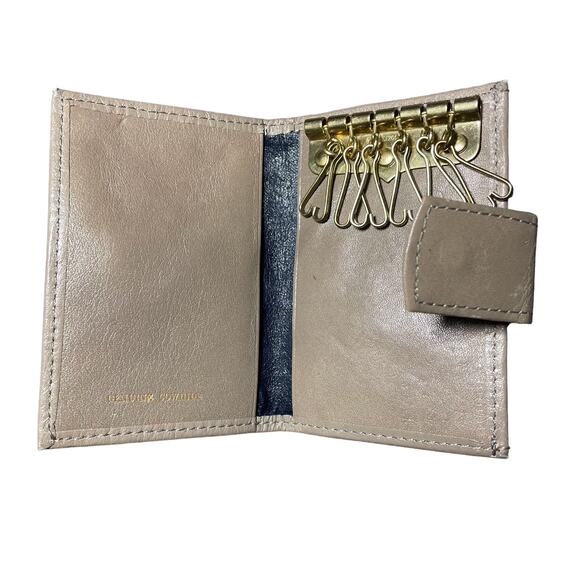 Vintage Cowhide Leather Snap Closure Key Holder Wallet Beige Geometric Embossed - Picture 3 of 10